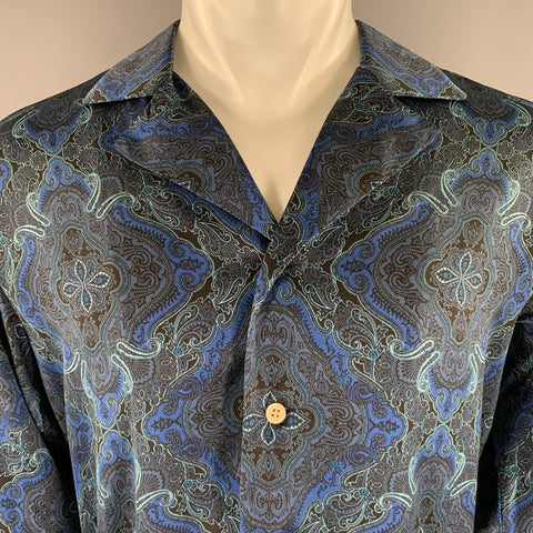 BED J.W. FORD Size M Blue Navy Paisley Polyester Camp Long Sleeve Shirt