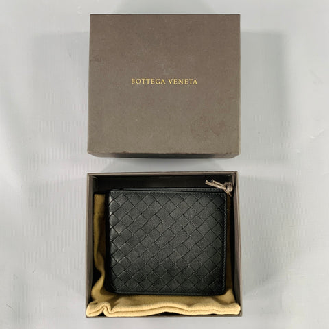 BOTTEGA VENETA Black Grey Woven Leather Wallet