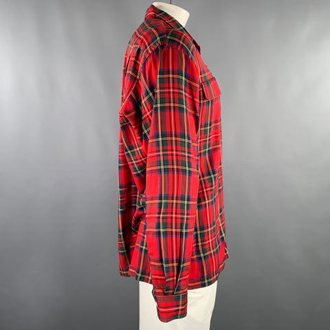 POLO by RALPH LAUREN Size L Red Green Plaid Silk 2 Pockets Long Sleeve Shirt