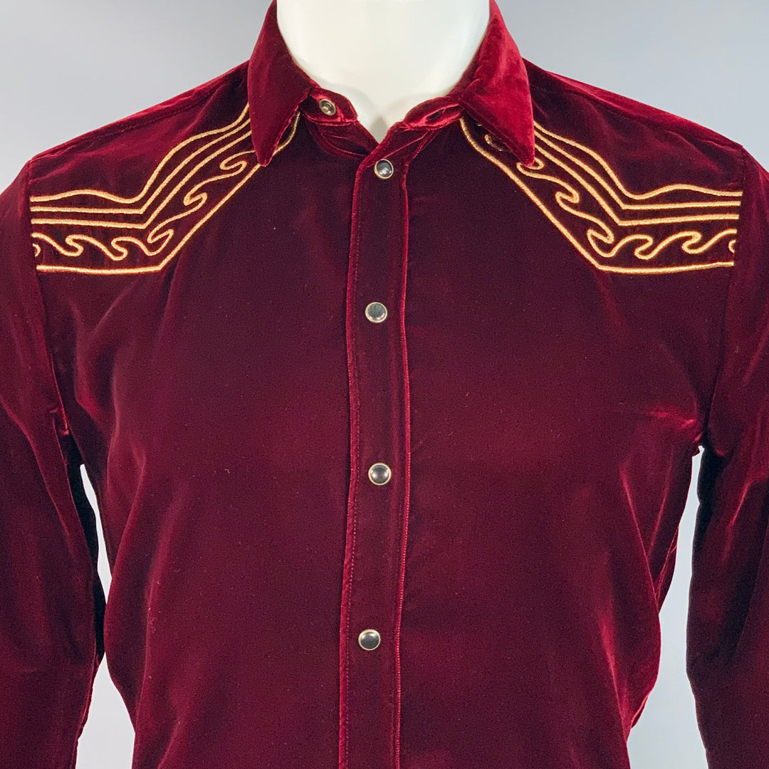 SAINT LAURENT AW18 Size M Burgundy Gold Embroidery Velvet Western Long Sleeve Shirt