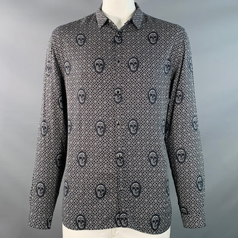 THE KOOPLES Size XL Black White Skulls Viscose Snaps Long Sleeve Shirt