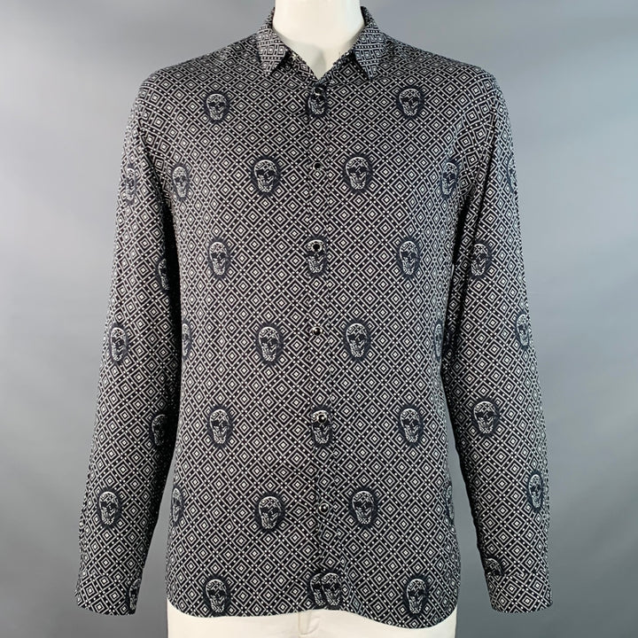 THE KOOPLES Size XL Black White Skulls Viscose Snaps Long Sleeve Shirt