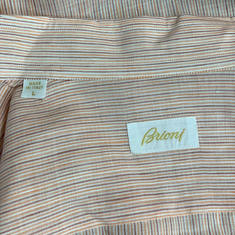 BRIONI Size L Orange Purple Pinstripe Linen Button Up Long Sleeve Shirt