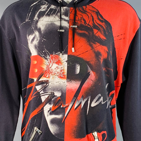 BALMAIN Size M Black Red White Graphic Cotton Hoodie Sweatshirt