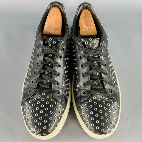 ALAIA Size 8 Black Silver Grommets Leather Lace-Up Low Top Sneakers
