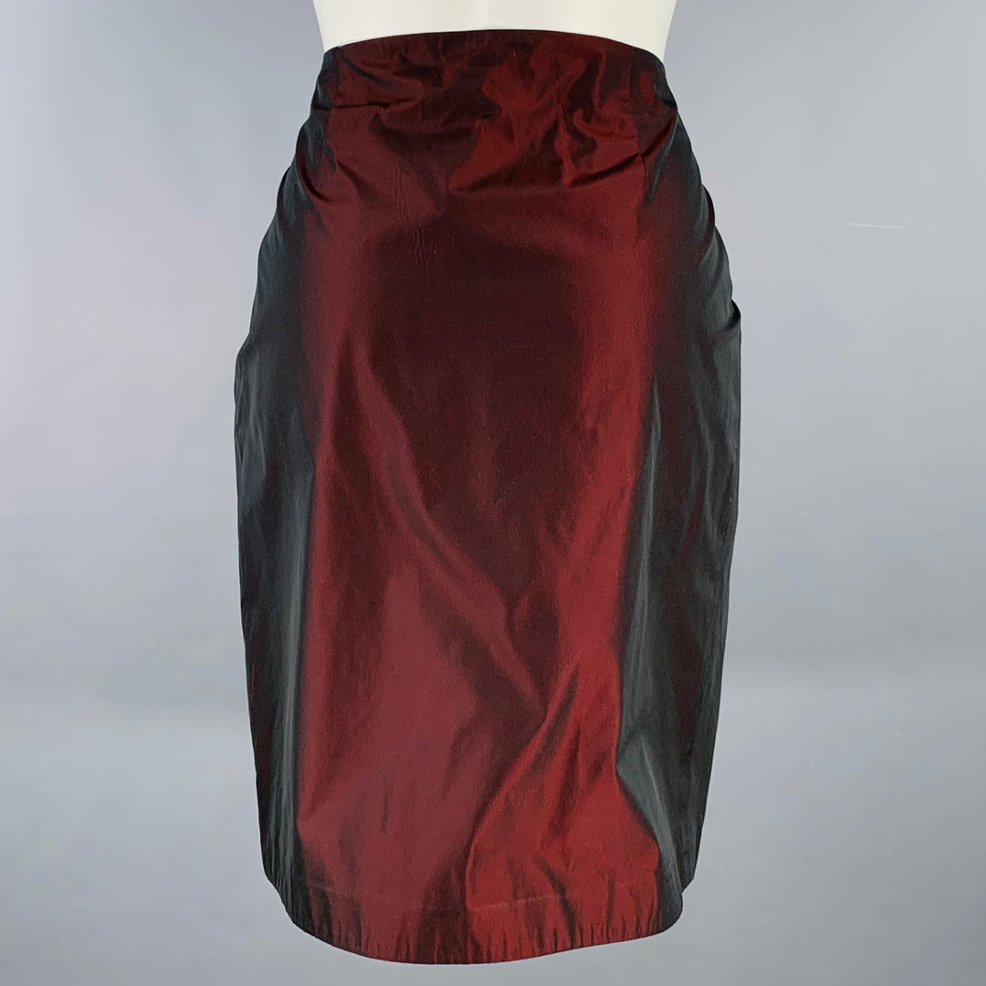 BURBERRY Size 4 Burgundy Polyester Taffeta Pleated Below Knee Skirt