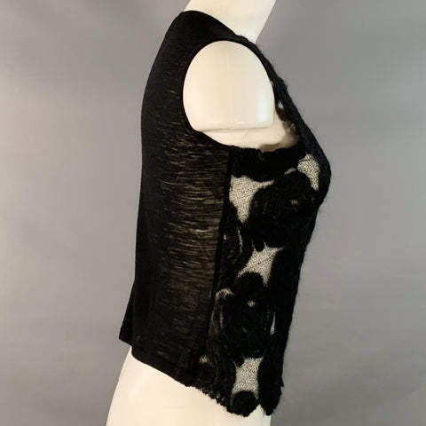MORGANE LE FAY Size M Black Wool Blend Felted Floral Rosettes Sleeveless Casual Top