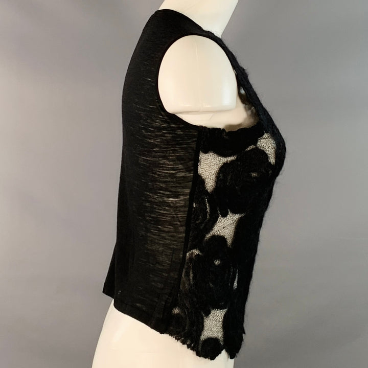 MORGANE LE FAY Size M Black Wool Blend Felted Floral Rosettes Sleeveless Casual Top