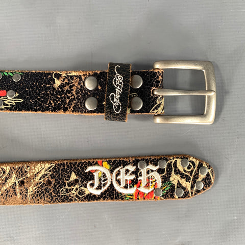 ED HARDY Size XS Black White Floral Leather Belt
