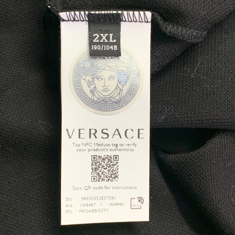 VERSACE Size XXL Black Multi Color Mixed Patterns Cotton Pique Half Placket Polo