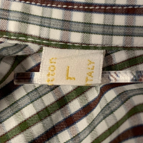 BRIONI Size L Green Brown Plaid Cotton Pointed Collar Long Sleeve Shirt