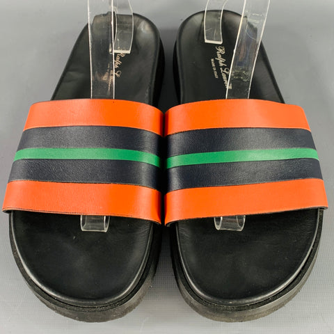 RALPH LAUREN Size 8 Black Orange Green Stripe Leather Slide Sandals