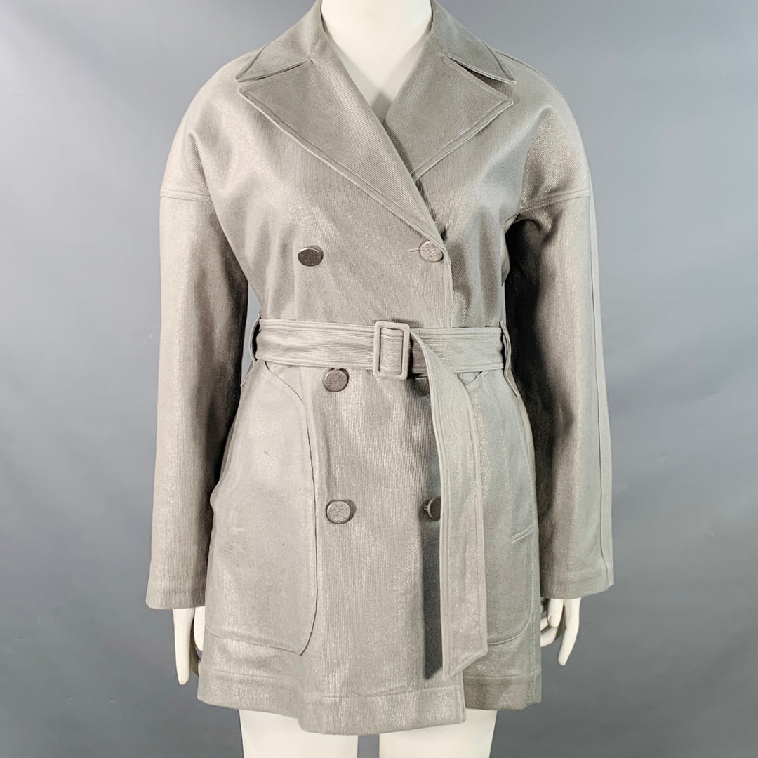 ALAIA Size 10 Grey Silver Cotton Twill Belted Double Breasted Coat