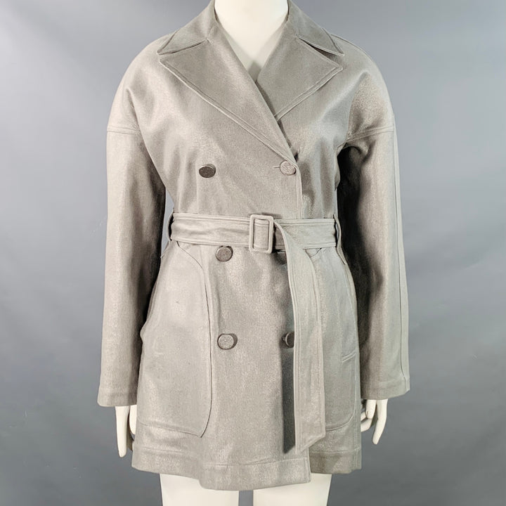ALAIA Size 10 Grey Silver Cotton Twill Belted Double Breasted Coat