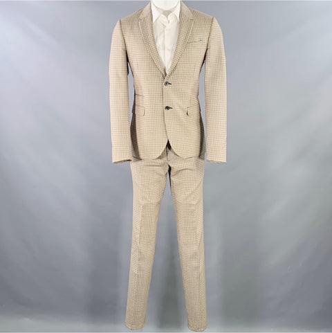 VALENTINO Taille 38 Costume en Laine à Carreaux Noirs, Blancs et Fauves avec Revers Cranté