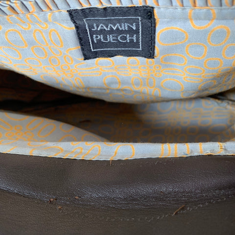 JAMIN PUECH Brown Yellow Beaded Cotton Leather Handbag