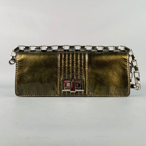 KOOBA Silver Olive Patent Leather Turnlock Clutch Handbag