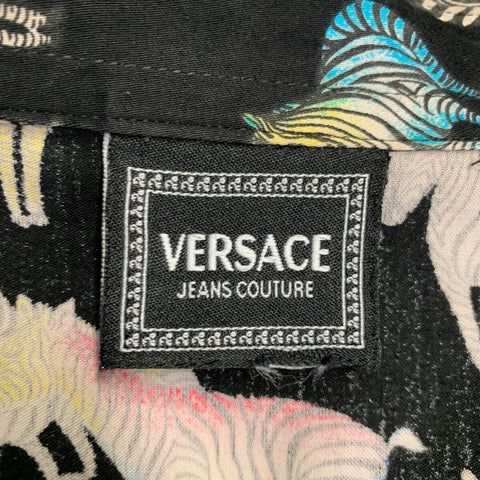 VERSACE JEANS COUTURE Size L Black Multi Color Zebra Oversized Short Sleeve Shirt