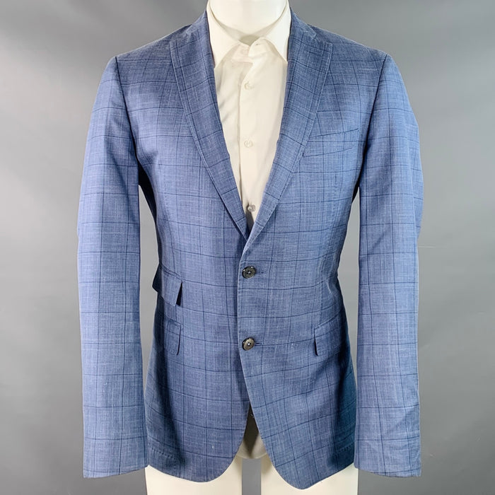 HUGO BOSS Size 40 Blue Black Window Pane Silk Linen Tailored Fit Sport Coat