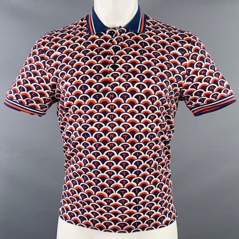 VALENTINO Size M Navy Orange White Fishscale Logo Cotton Pique Buttoned Polo