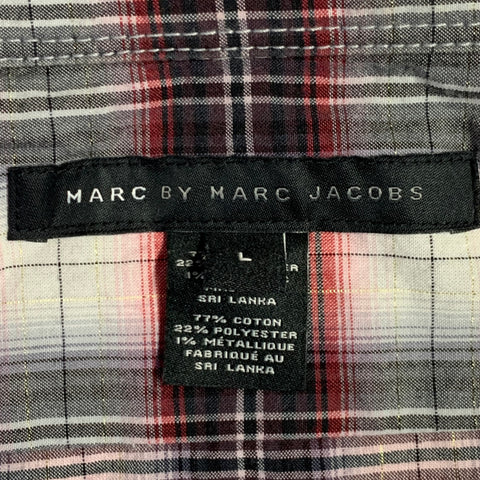MARC by MARC JACOBS Size L Grey Red White Metallic Plaid Cotton Blend Long Sleeve Shirt
