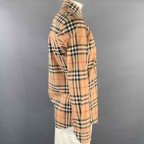 BURBERRY Size L Khaki Red Black Plaid Cotton Long Sleeve Shirt