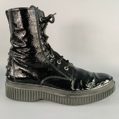 TOD'S Size 8.5 Black Patent Leather Lace-Up Side Zipper Boots