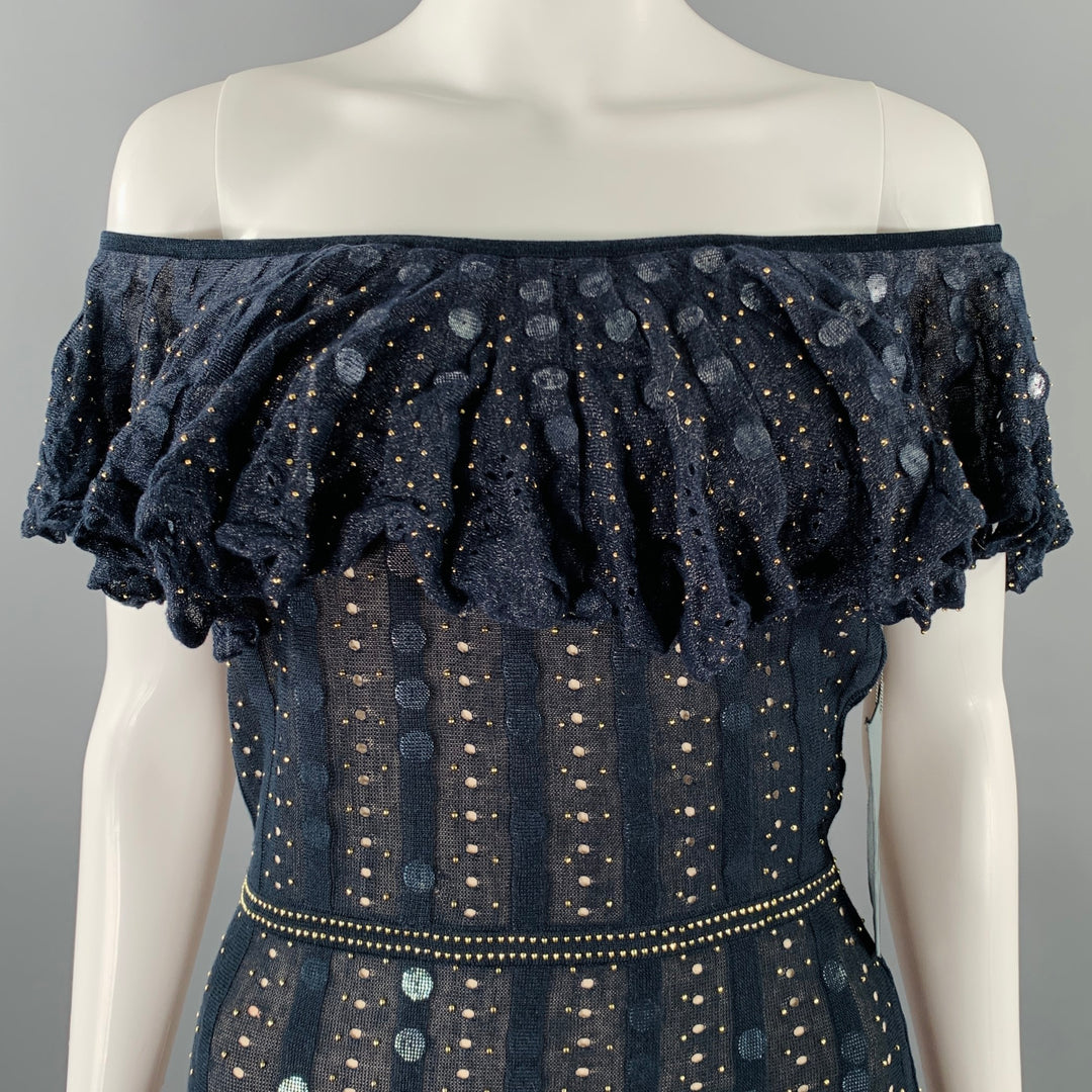 ZAC POSEN Size XS -Starry Night Tango- Navy Gold Silk Blend Payettes Ruffle Dress