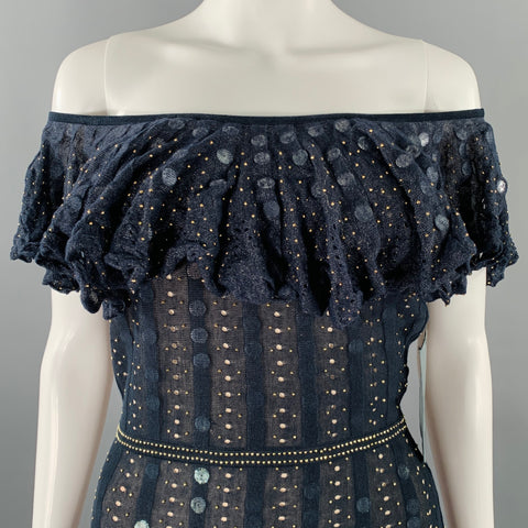 ZAC POSEN Size XS -Starry Night Tango- Navy Gold Silk Blend Payettes Ruffle Dress