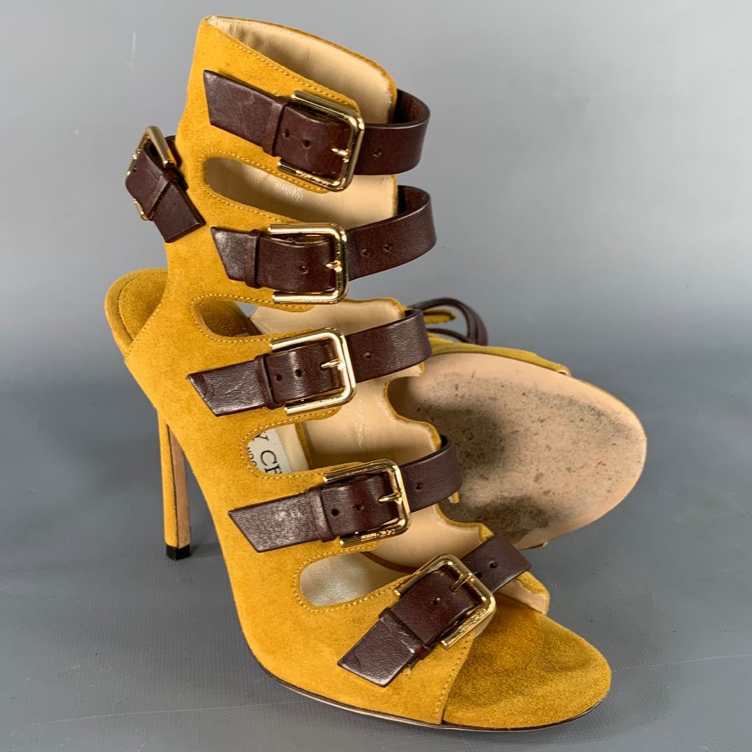 JIMMY CHOO Size 4.5 Yellow Brown Suede Buckle Stiletto Cage Boots