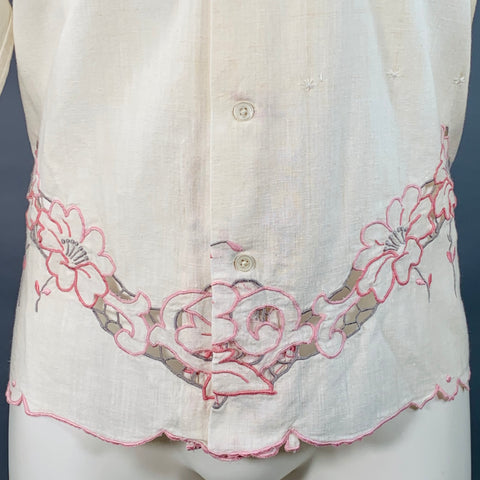 BODE Size S/M Cream Floral Embroidery Linen Two Pockets Long Sleeve Shirt