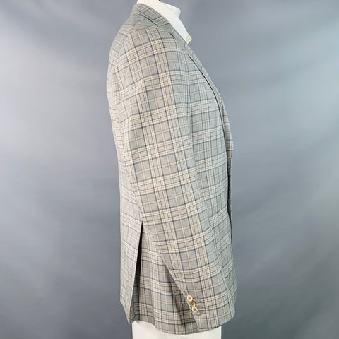 ISAIA Size 44 Long Grey Taupe Plaid Wool Notch Lapel Sport Coat