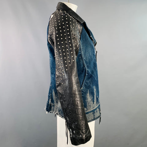 KMRII Size L Black Blue Studded Cotton Spandex Motorcycle Jacket