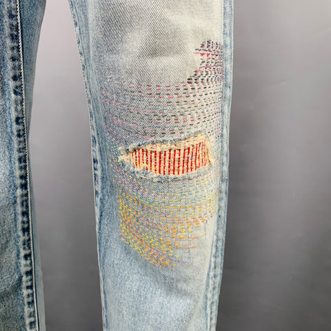 JOHN ELLIOTT Size 34 -Daze Opal Sashiko- Blue Multi Color Embroidery Cotton Jeans
