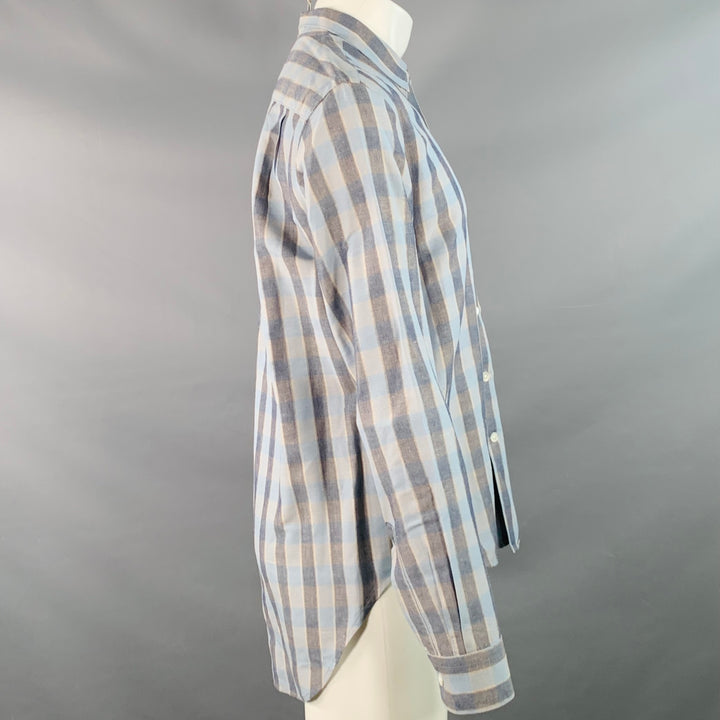 OUR LEGACY SS16 Size 38 Blue Grey Plaid Linen Cotton One Pocket Long Sleeve Shirt