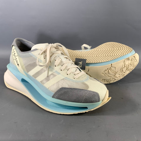 Y-3 Size 9.5 White Light Blue Stripe Mesh Athletic Sneakers
