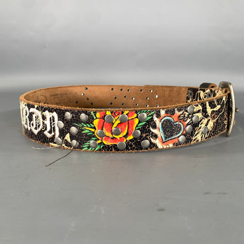 ED HARDY Size XS Black White Floral Leather Belt