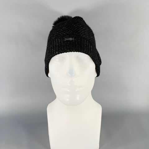 CALVIN KLEIN Black Silver Knit Polyester Blend Scarf Beanie Set