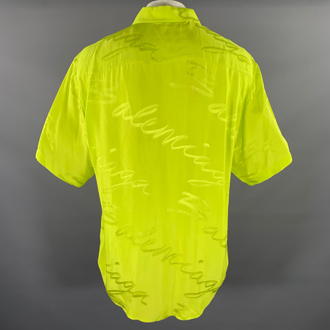 BALENCIAGA Size M Green Monogram Viscose Button Up Short Sleeve Shirt