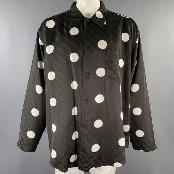 BALENCIAGA Size XL Black White Polka Dot Viscose Silk Long Sleeve Shirt