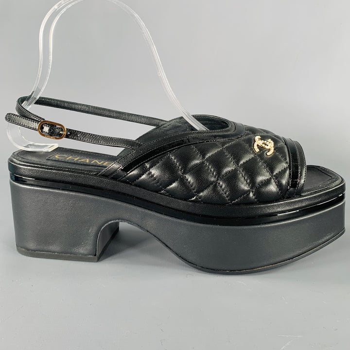 CHANEL Size 9 Black Leather Quilted Platform Sandals