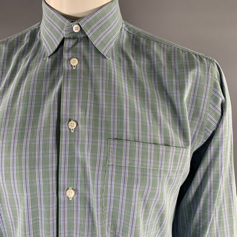 BRIONI Size L Green Blue White Plaid Cotton Long Sleeve Shirt