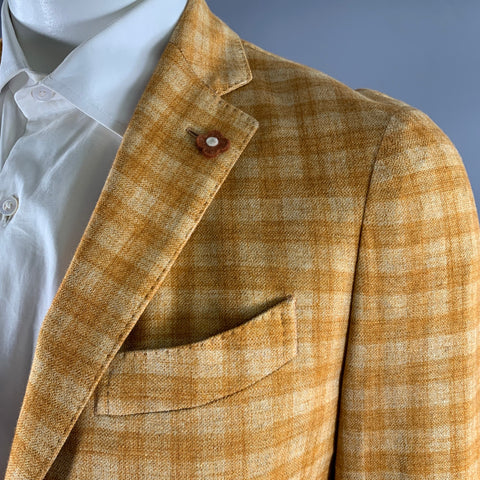 LARDINI Size 42 Orange Tartan Linen Cotton Blend Notch Lapel Sport Coat