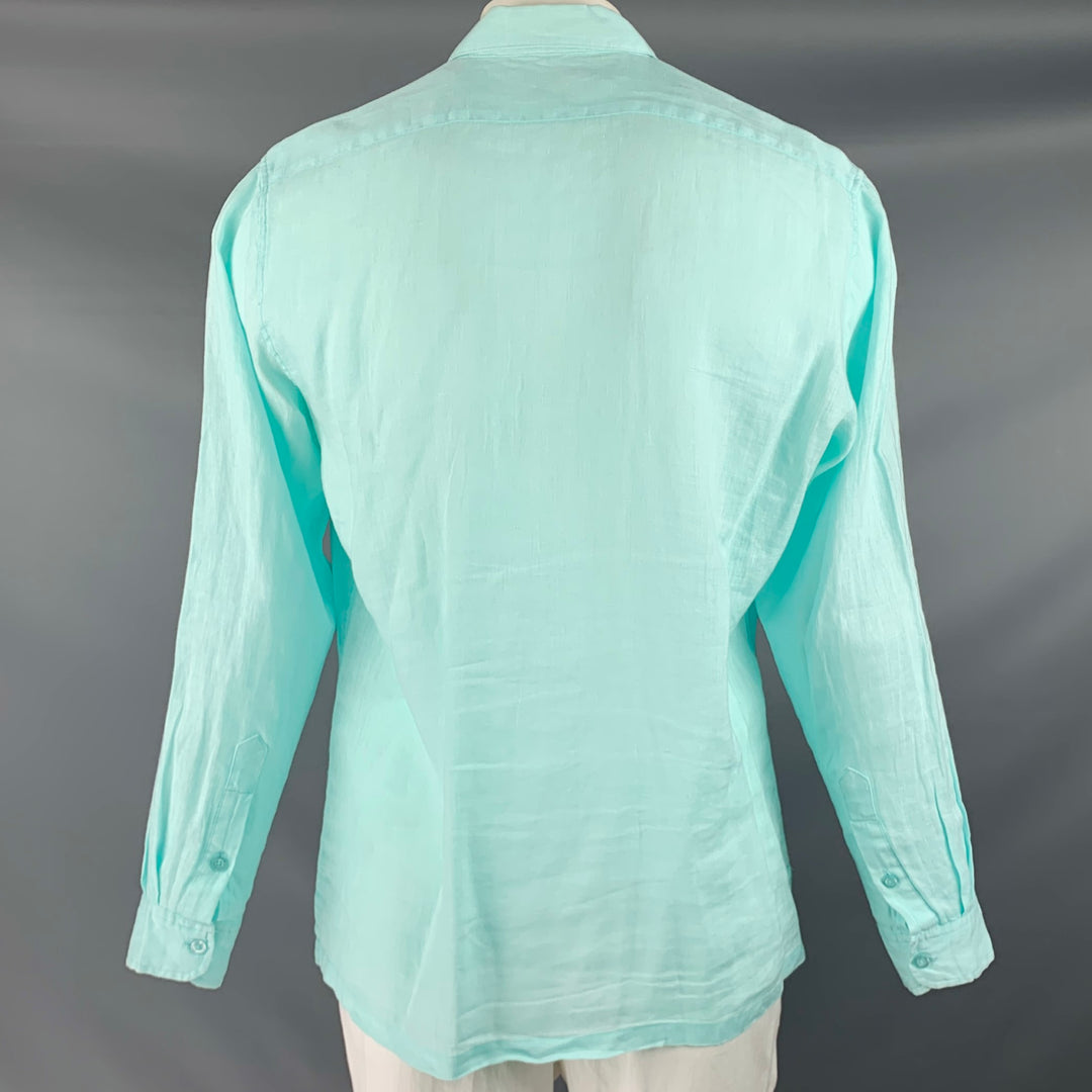 NATURAL BLUE Size L Green Linen Button Up Long Sleeve Shirt