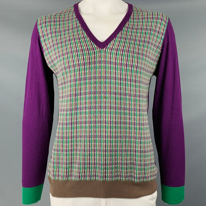 ETRO Size XL Purple Green Knit Cotton Cashmere V-Neck Pullover