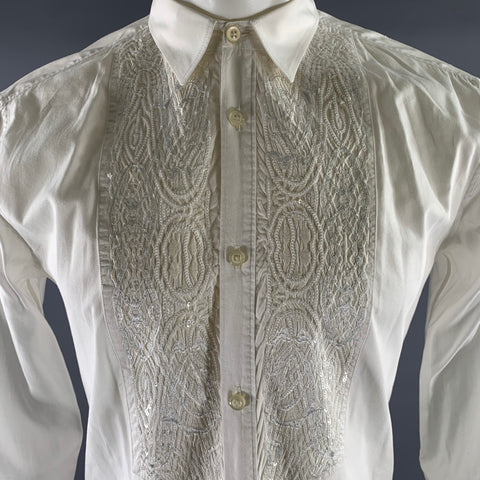 JUST CAVALLI Size M White Cream Cotton Sequined Long Sleeve Shirt