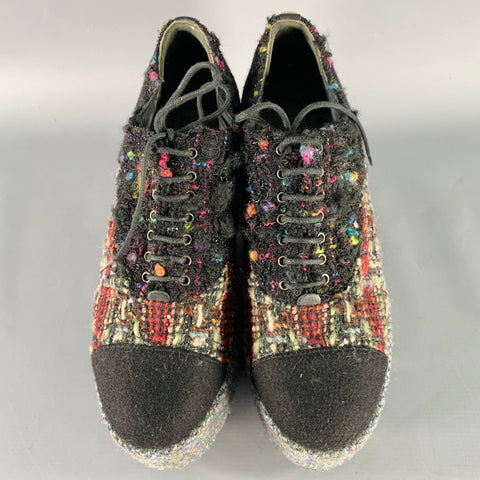 CHANEL Size 6.5 Black Red Grey Tweed Platform Oxford Flats