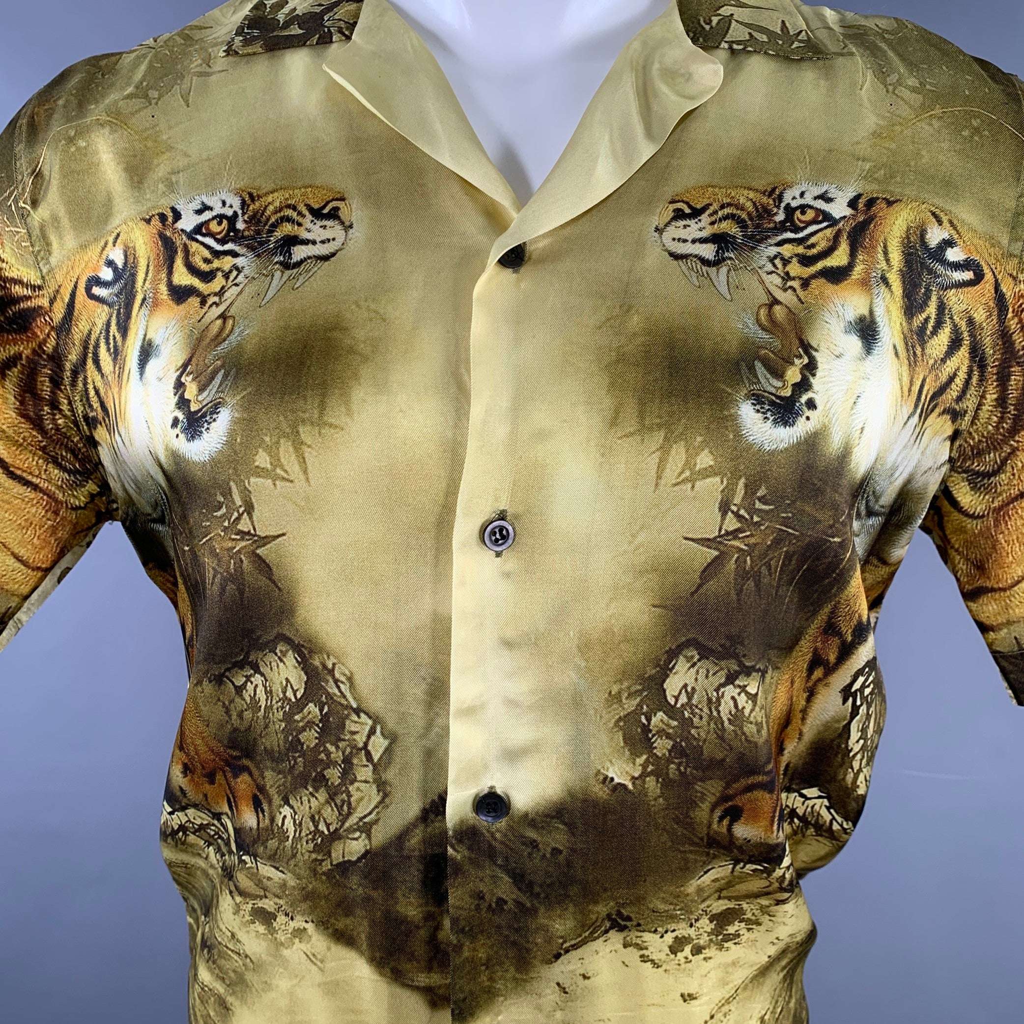 DRIES VAN NOTEN Size M Yellow Olive Tiger Short Sleeve Shirt – Sui