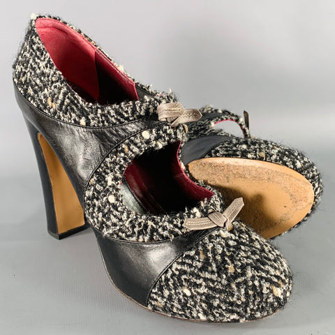 ANTONIO MARRAS Size 8 Black White Wool Tweed Leather Trim Stiletto Heels Pumps