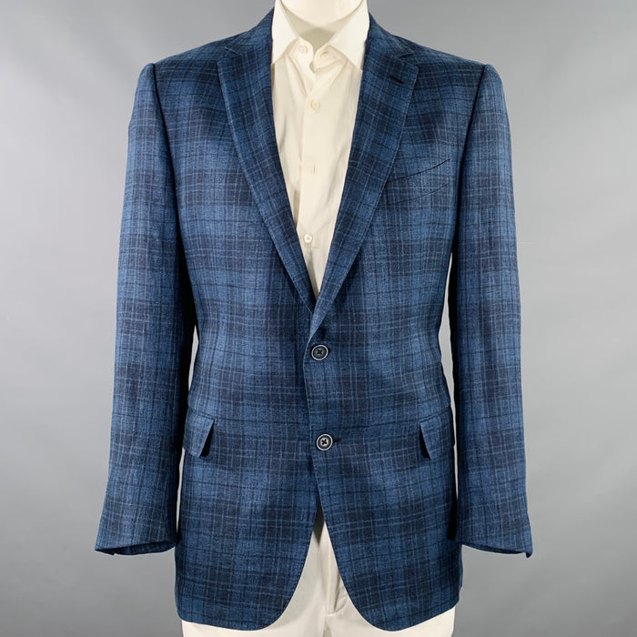 ERMENEGILDO ZEGNA Size 48 Regular Blue Navy Plaid Notch Lapel Sport Coat